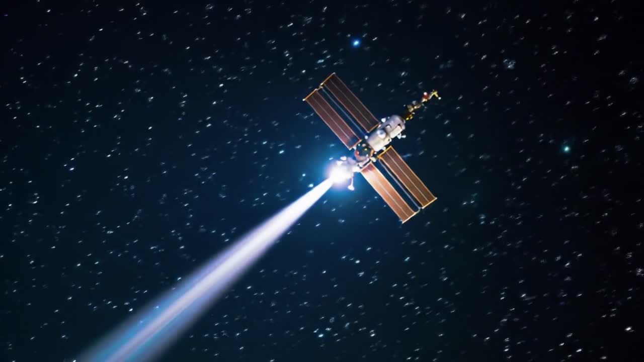 A spacecraft navigates through the vastness of space, leaving a brilliant trail as it accelerates past countless stars.