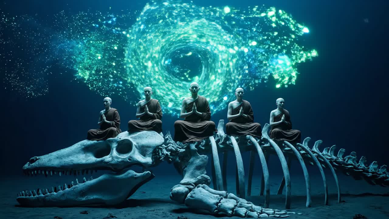 Meditating Monks on Whale Skeleton Underwater