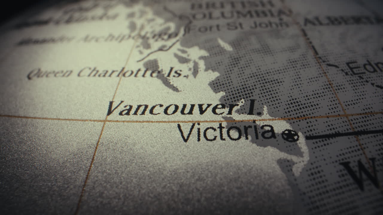 Nærbillede af en globus, der viser Vancouver og Victoria, British Columbia.