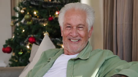 smiling senior man relaxing at home with christmas tree in background