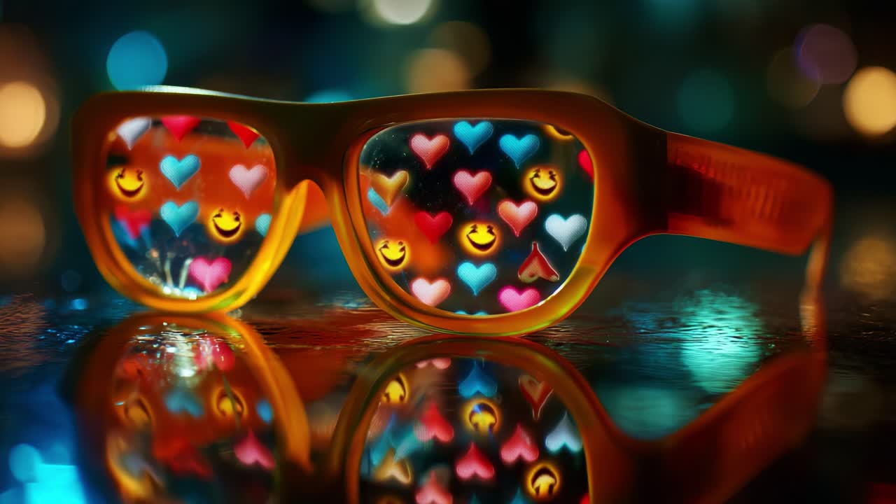 Vibrant Reflections: A Close-Up of Colorful Heart and Smile Patterns Captured in Glasses, Showcasing Their Playful Design Against a Stylish Background of Bokeh Lights