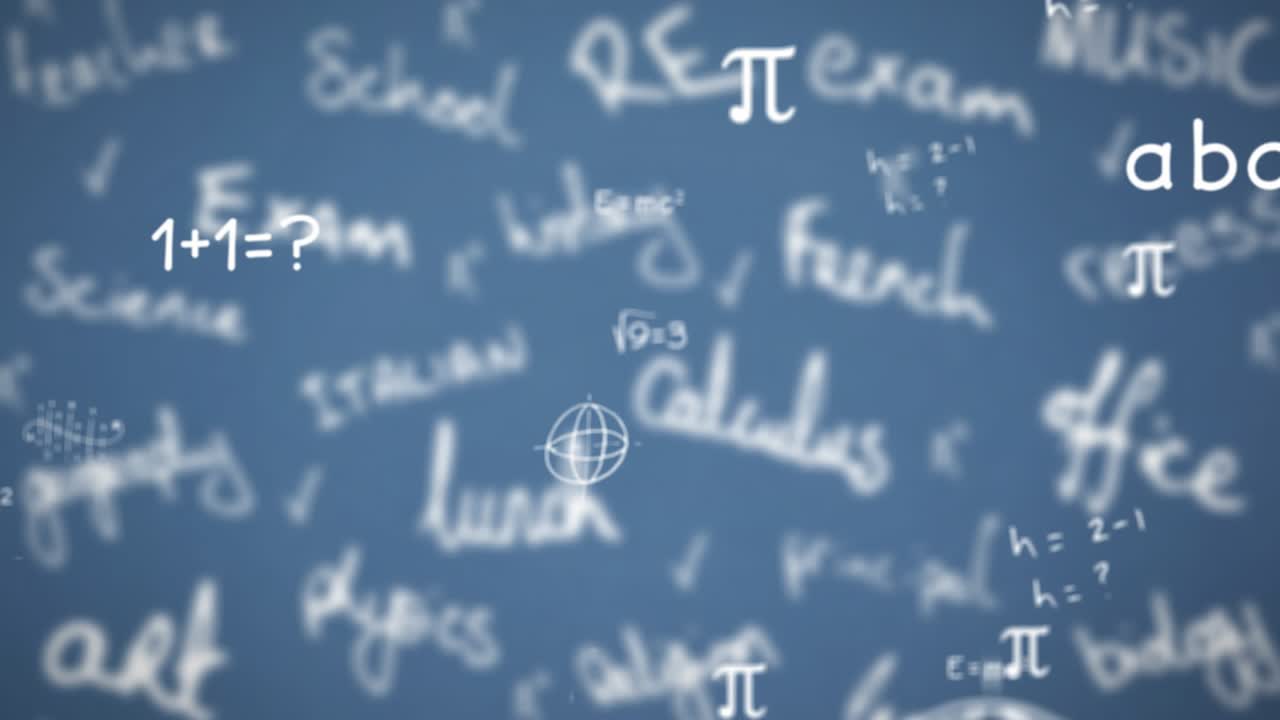 Chalkboard backdrop showing drifting subjects, equations animating and globe pulsing for education
