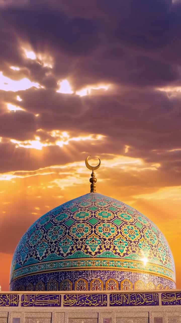 Stunning video of a mosque dome at sunset, captured from a low angle with dramatic skies