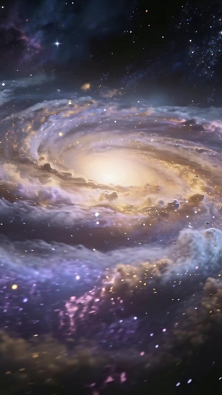 Vertical video: Pulling back camera rotating galaxy in space revealing golden core and dust