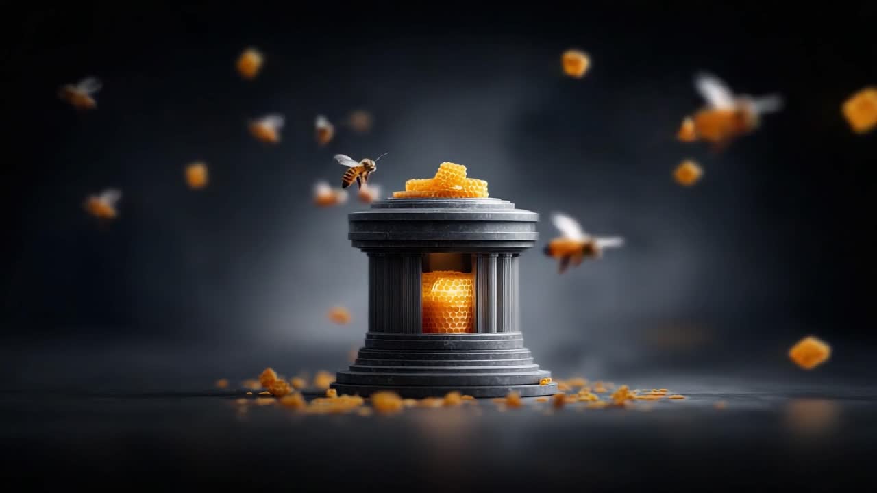 A Mesmerizing Display of Nature's Bounty: Bees Collecting Honeycomb from an Intricate Structure, Highlighting the Beauty of Pollination and Natural Harmony