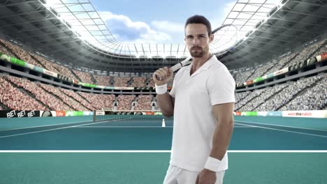 portrait of tennis player standing with racquet on tennis court