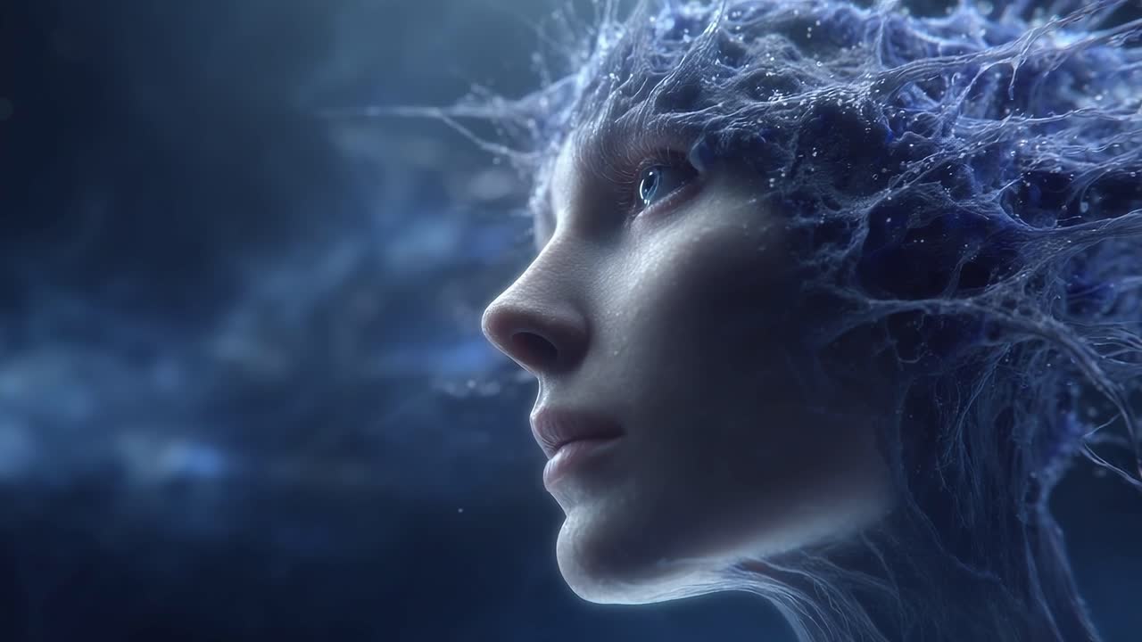 A captivating digital portrait of a figure with ethereal features, illuminated by ambient light and surrounded by a delicate network of blue, flowing strands that evoke a sense of wonder