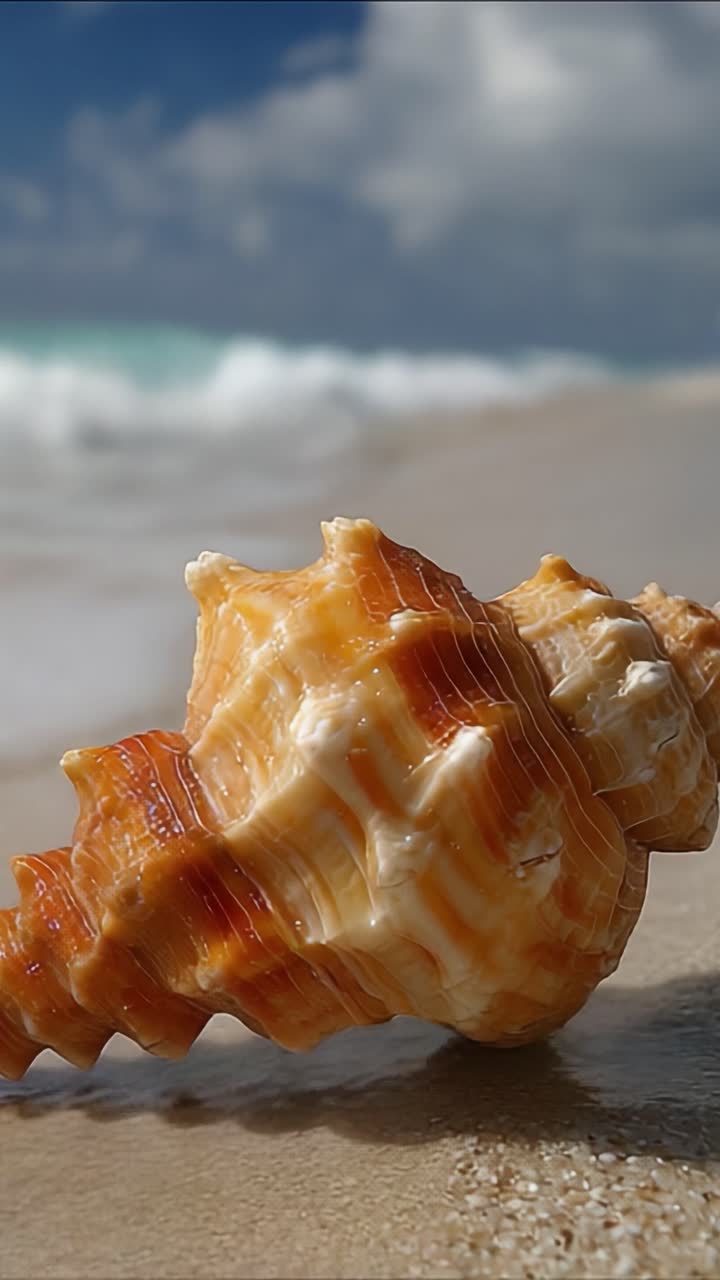 Captivating Close-Up of a Beautiful Seashell on Sandy Beach with Gentle Waves in the Background, Highlighting Nature's Unique Marine Artistry