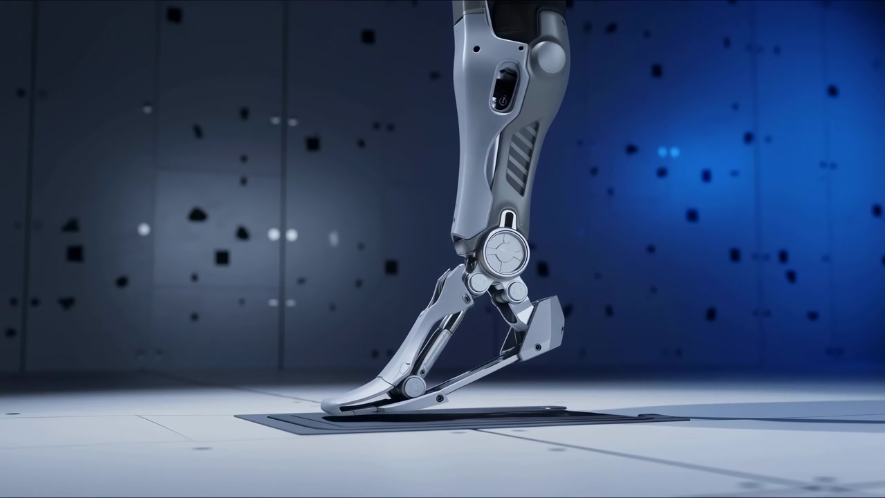 Close side view follows a jointed robotic lower leg descending gradually until its segmented foot rests on a flat panel, with metallic surfaces highlighted against a blue-lit wall.