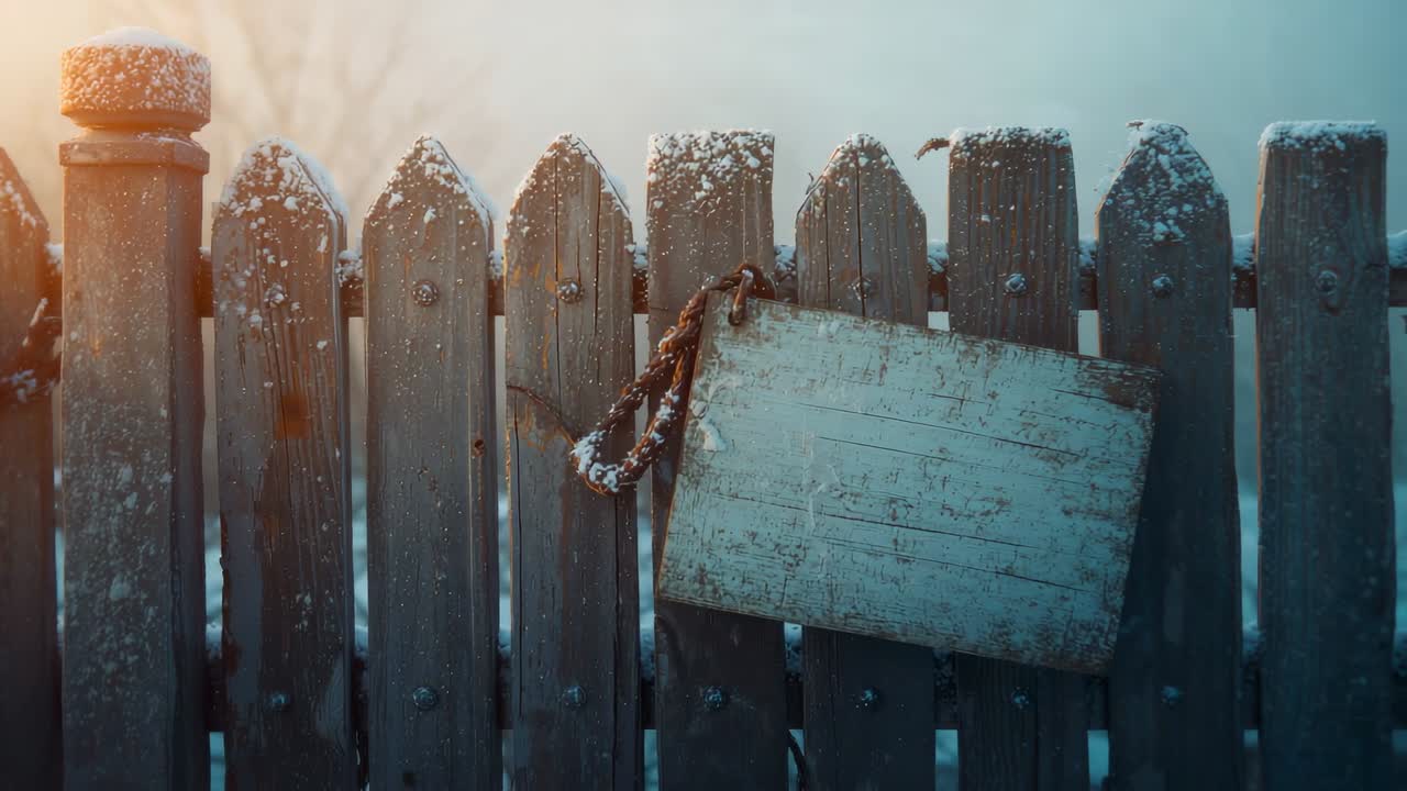 Morning light intensifying on snowy picket fence in backyard, with blank sign swaying in breeze