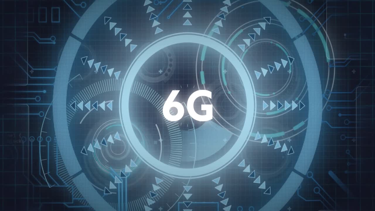 animación de texto de 6g sobre escáner redondo giratorio y conexiones de microprocesador.