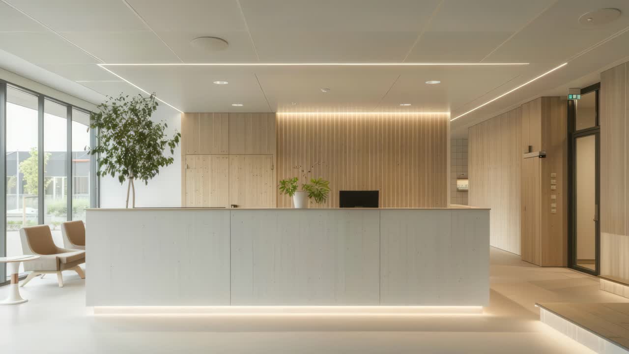 Area reception moderna con design minimalista, ripresa da un'angolazione grandangolare