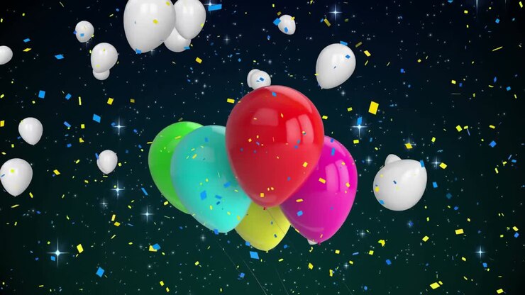 Animazione di coriandoli che cadono e palloncini multicolore che volano su sfondo nero.