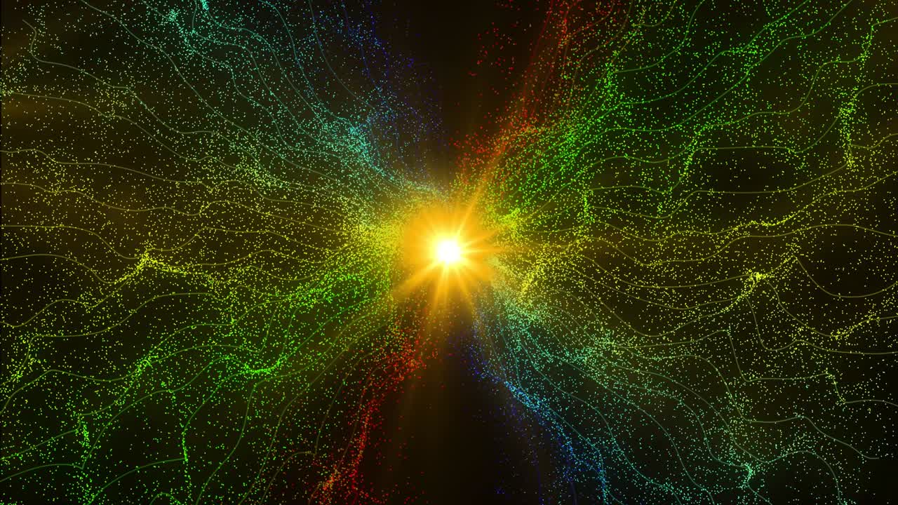 Golden glitter light circle, sparkling shine glow oval and light digital waves with multicolored particles