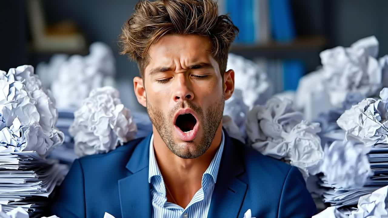 A man in a blue suit yawning in front of a pile of crumpled paper