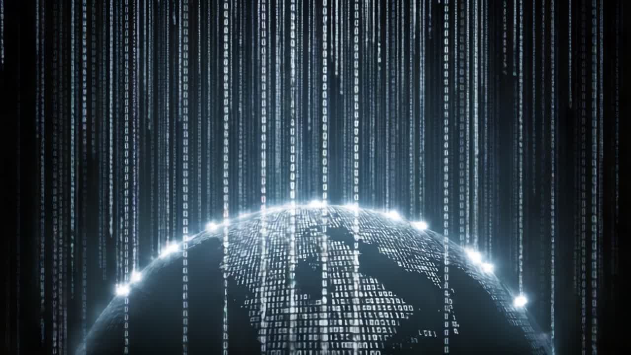 A Dark and Enigmatic Digital Landscape Showcasing a Globe Shrouded in Binary Code, Surrounded by Cascading Streams of Data Representing the Global Digital Era