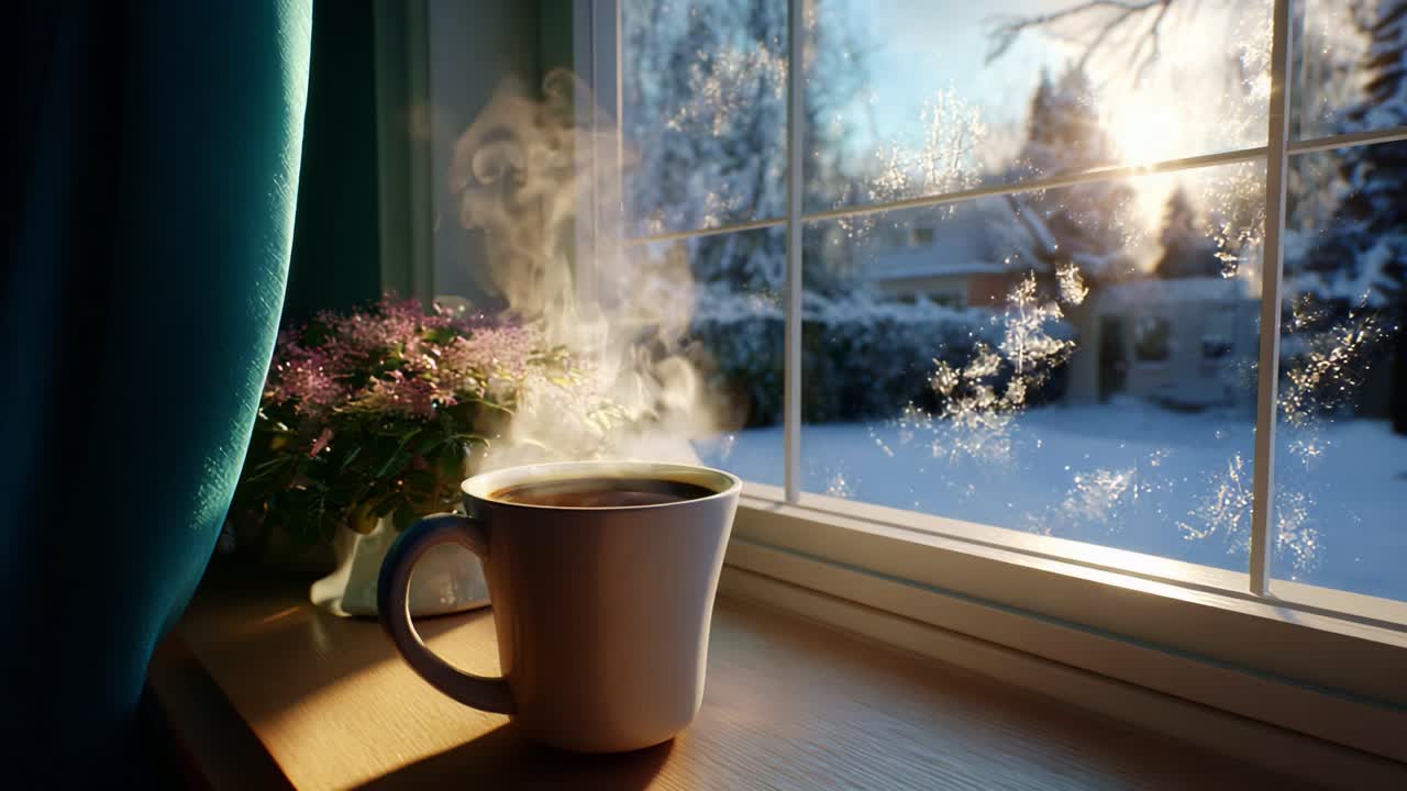 A Cozy Winter Scene Captured from Inside a Room, Featuring a Steaming Mug of Coffee on a Windowsill Against a Snowy Outdoor Landscape with Frosted Glass Highlighting the Chilly Atmosphere
