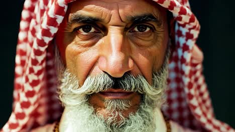 closeup of a bearded senior man wearing a red and white keffiyeh, showcasing a serious expression. his face reflects wisdom and experience, embodying traditional middle eastern culture