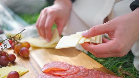 a couple making a charcuterie board in washington dc on a bright sunny day at a park on a wooden cutting board