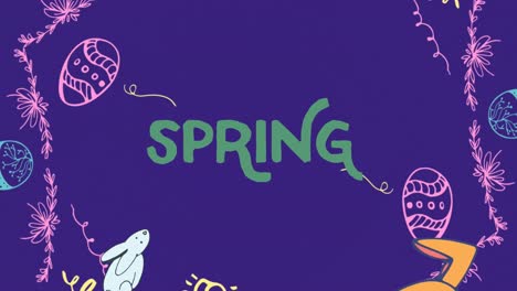 Animación-De-Primavera,-Conejito-Y-Huevos-De-Pascua-Sobre-Fondo-Violeta