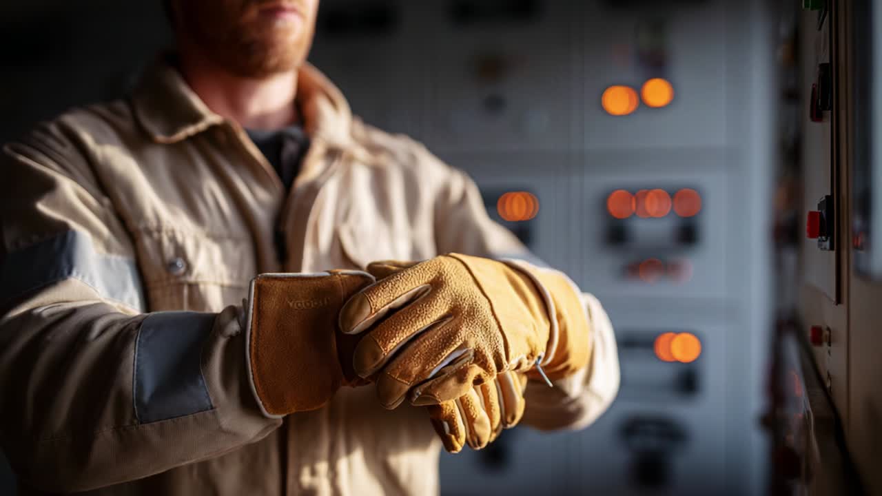 A focused technician prepares for safety protocols, adjusting his gloves before engaging with electrical equipment, showcasing a commitment to precaution and professionalism in a structured environment
