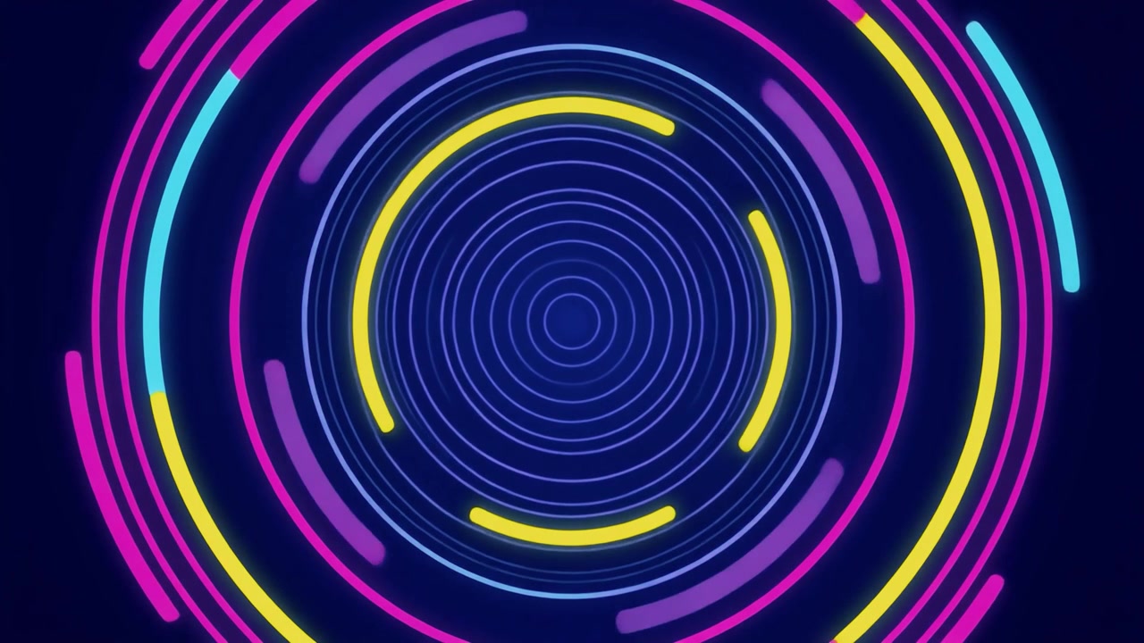 Animazione in Loop di Cerchi e Archi al Neon Astratti Rotanti
