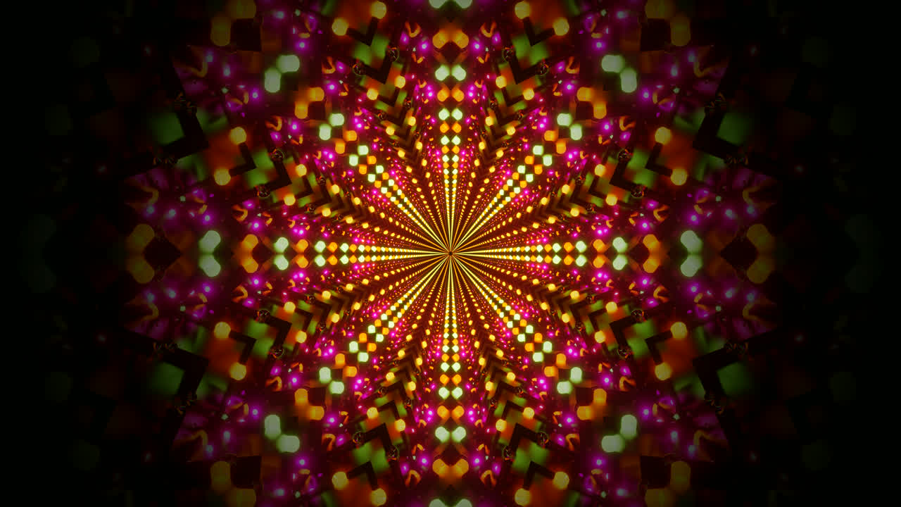 Un video in loop continuo mostra un tunnel vivace, pieno di luci brillanti e motivi intricati. L'effetto visivo trascina lo spettatore in un'esperienza affascinante di colore e movimento.