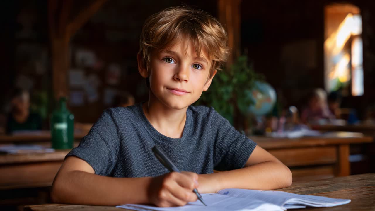 Un ragazzino concentrato sui suoi studi, intento a scrivere diligentemente sul suo quaderno mentre è seduto in un ambiente scolastico accogliente e stimolante, circondato da altri studenti