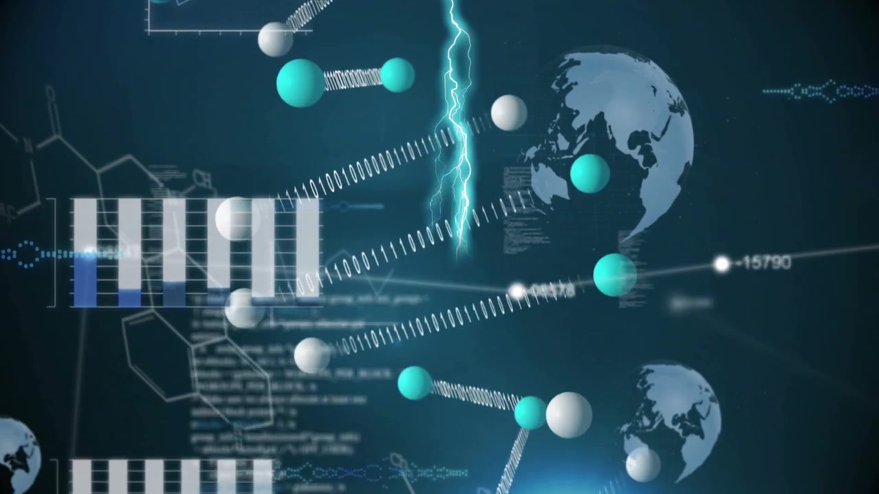 Data network display being triggered by bolt, nodes streaming bits toward globes, forming network