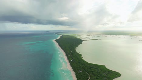 aerial drone fly natural biosphere reserve in tulum mexico, summer vibes landscape, white sand