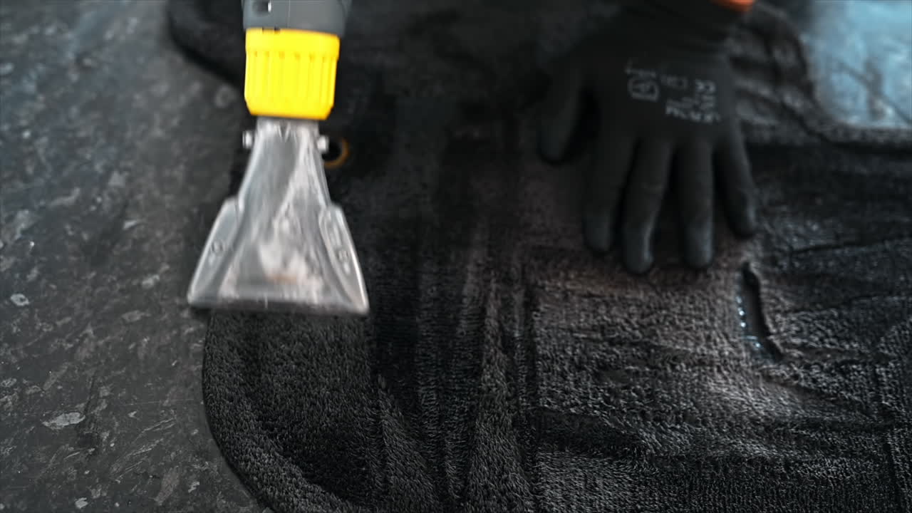 Working cleaner at car wash. Cleaning a carpet using a professional vacuum cleaner. Slow motion