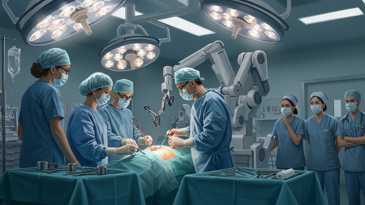 A Surgeon's Precision: A Surgical Team in Action with Advanced Robotic Assistance and Intense Focus on a Life-Saving Operation in a Modern Operating Room