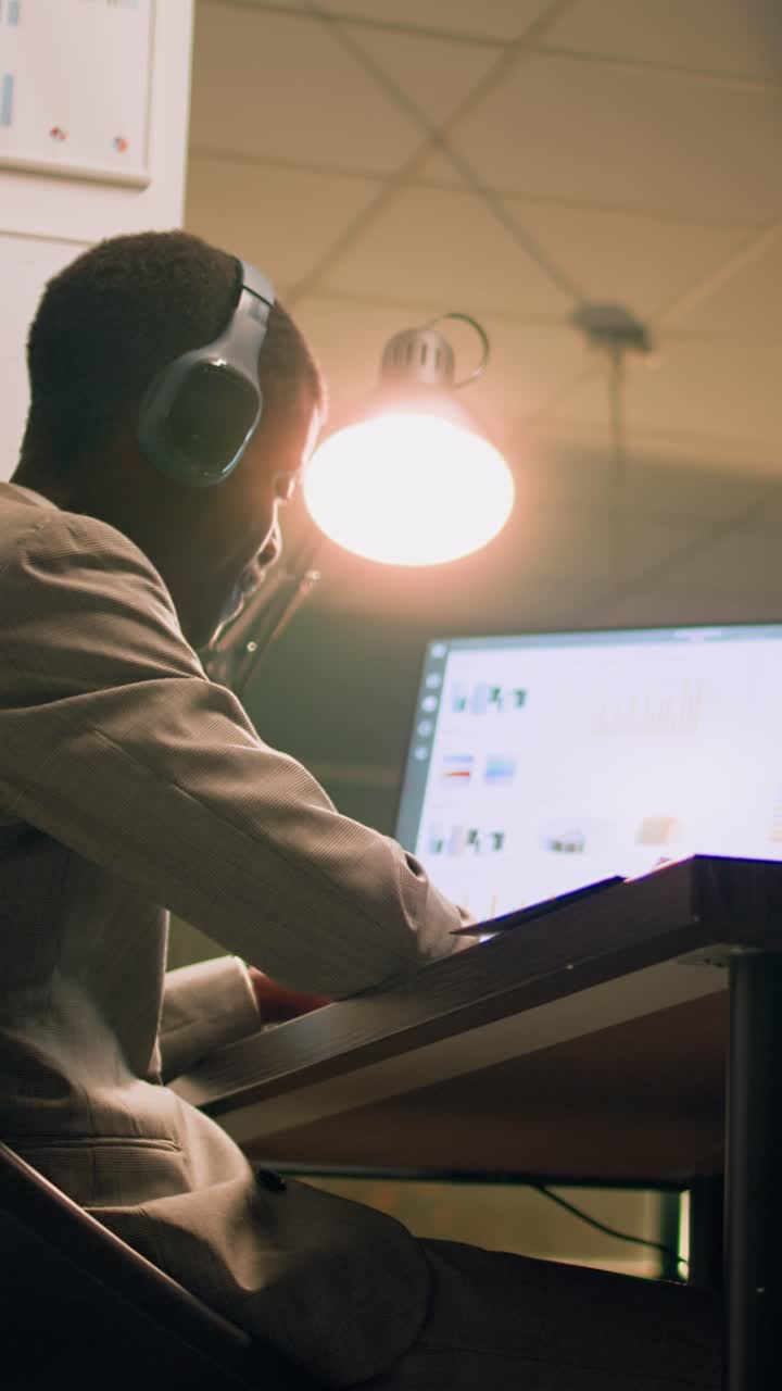 Vertical video Employee alone at work enjoying music