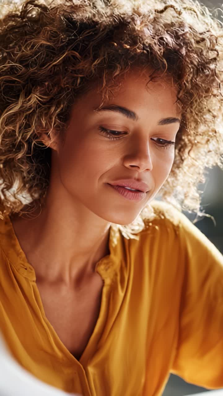 A woman with curly hair and a yellow blouse reflects thoughtfully while reading, embodying a moment of concentration and positivity in a serene environment