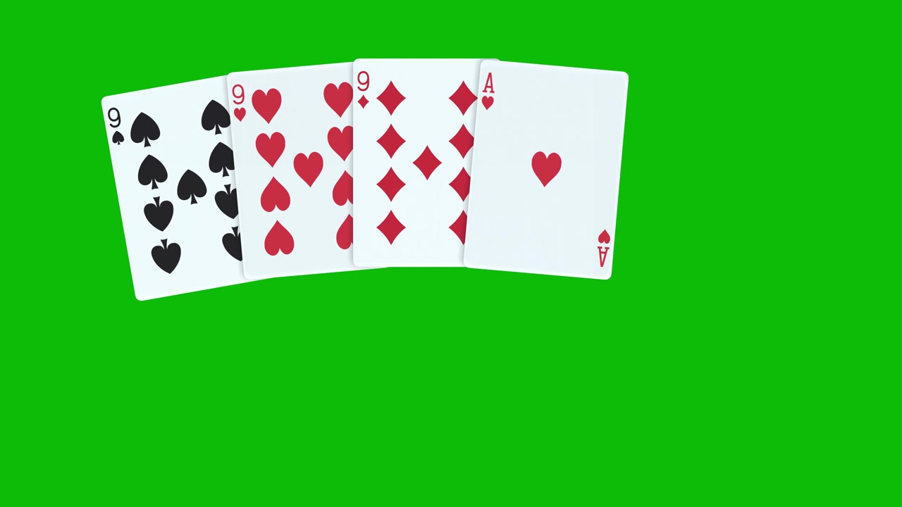 A poker hand consisting of Full House 9, with cards thrown one by one on green screen 3D animation, animated poker cards, dealing poker cards animation