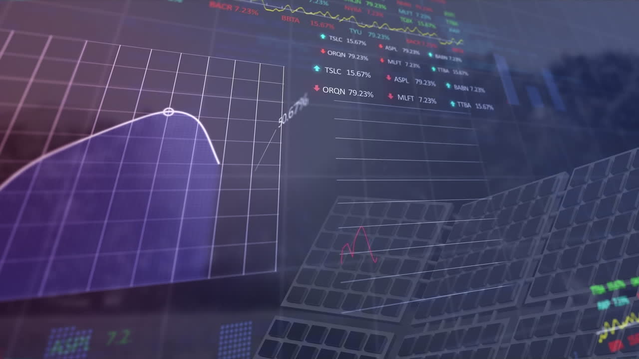 animazione di grafici, tavole di negoziazione e pannelli solari sopra gli alberi su uno sfondo astratto
