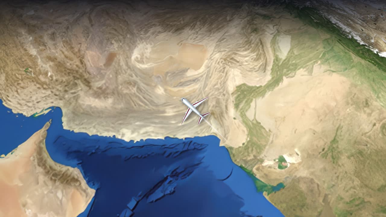 Satellite view animation tracks a commercial airplane flying from Mumbai to Amsterdam across continents