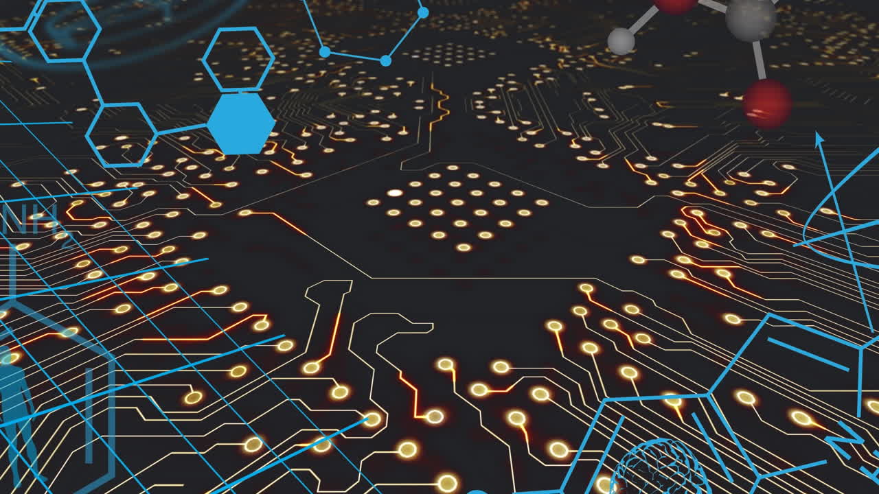 검은 바탕에 있는 컴퓨터 회로판 위의 화학 공식의 애니메이션