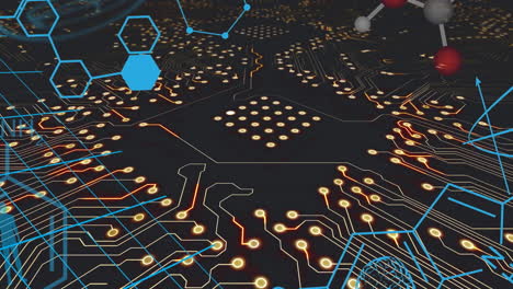 animation of chemical formula over computer circuit board on black background