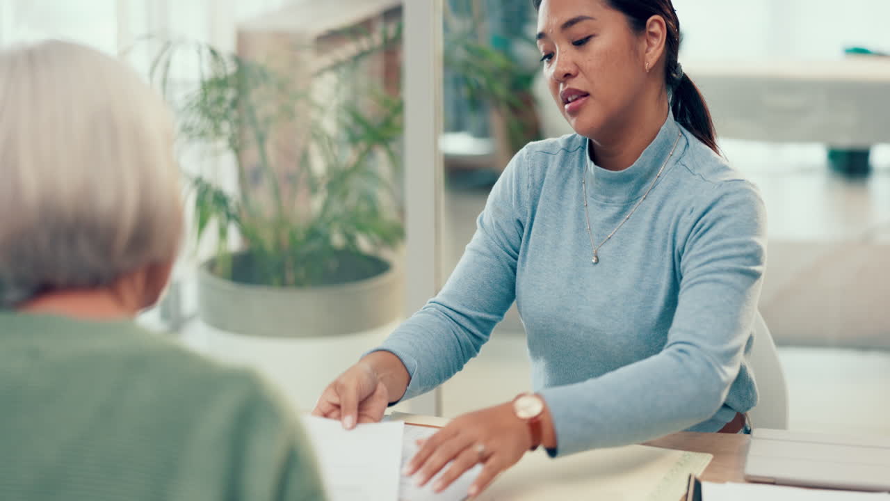 Contract, therapist or old woman with paperwork to
