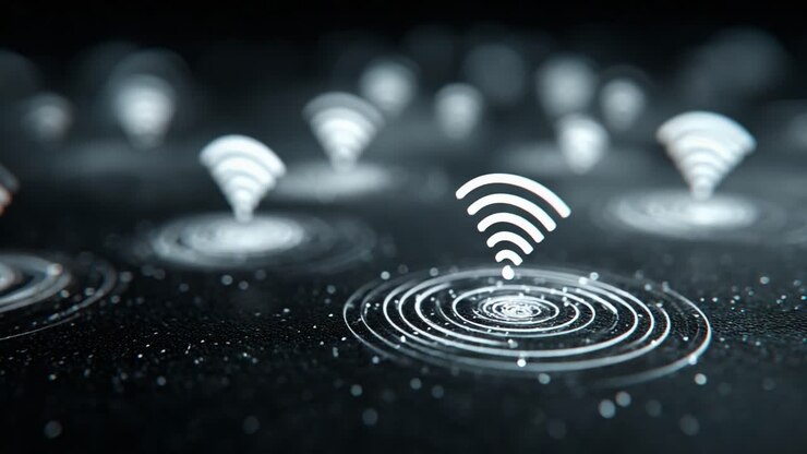 Visuel repræsentation af Wi-Fi-signaler, der spredes over en mørk overflade, hvilket illustrerer forbindelse og dataoverførsel i et digitalt miljø