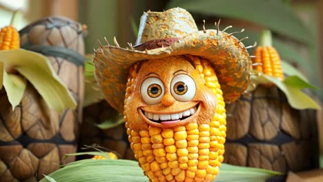 a cartoon corn head with a cowboy hat and a big smile. the corn head is surrounded by corn kernels and a bunch of carrots