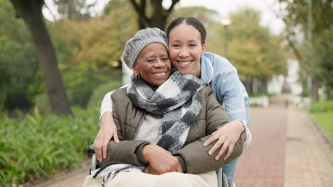 nurse, hug and park with old woman in a wheelchair