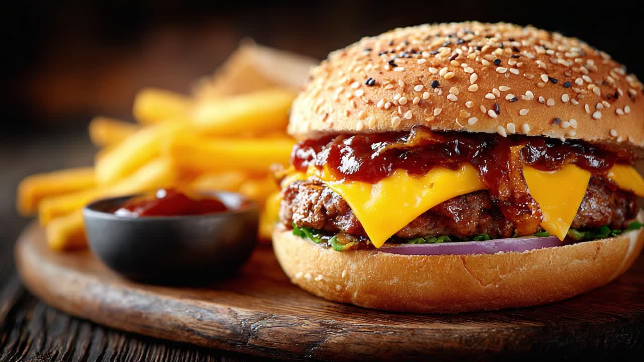Un cheeseburger deliziosamente succoso, ricco di formaggio fuso, bacon croccante e salsa BBQ dolce, servito con patatine fritte dorate e ketchup saporito a parte