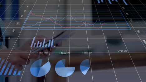 woman professional holding smartphone by desk in modern office, projecting animated finance charts