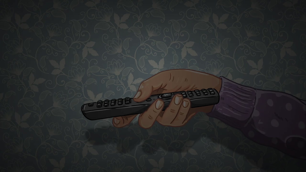 Hand Holding Remote Against Patterned Wallpaper, Finger Pressing Power Button, Light Dimming, Shadow