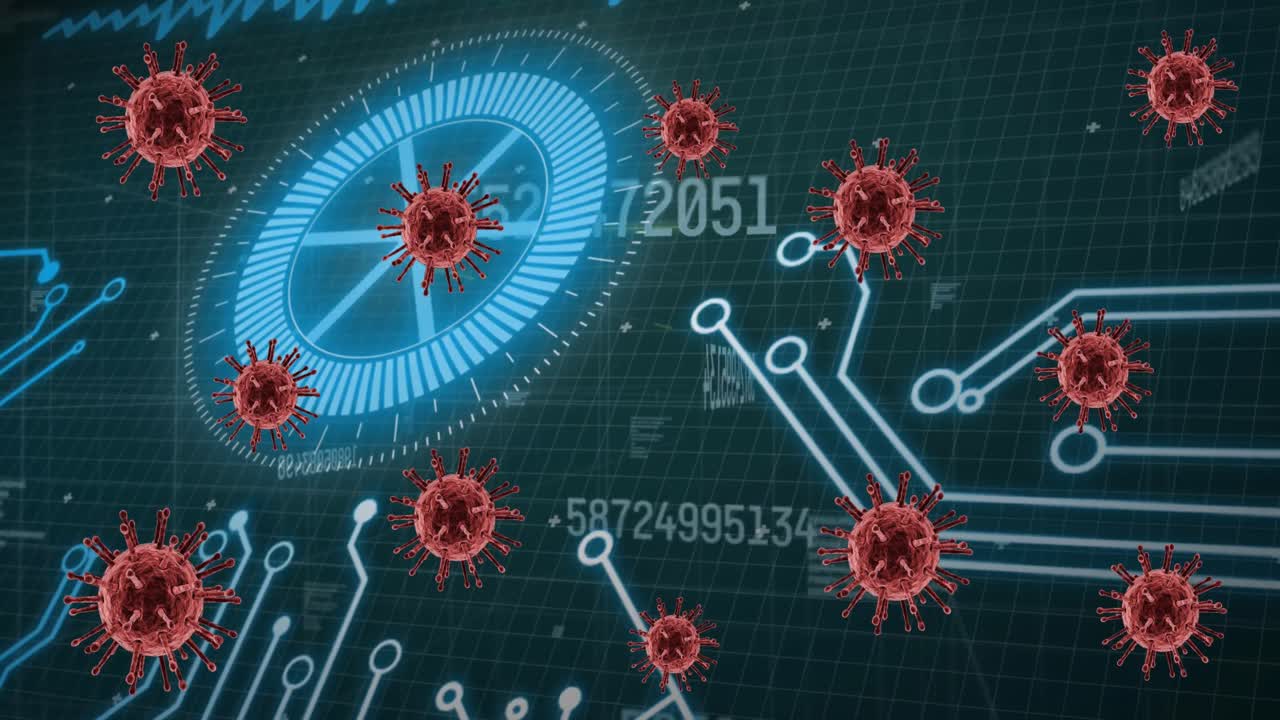 코로나 19 세포의 애니메이션과 컴퓨터 회로 보드 및 데이터 처리 범위