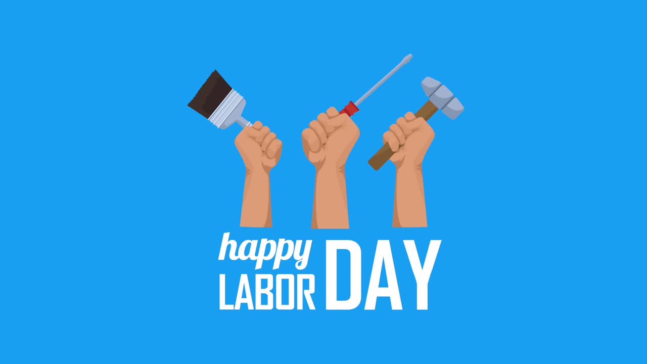 미국 노동의 날 문자는 노동자의 손으로 도구를 들어 올립니다.