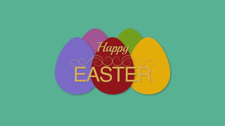 Animated closeup Happy Easter text and eggs on green background 2