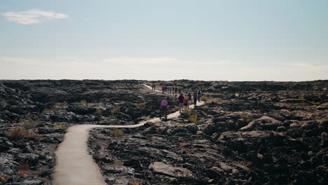 group of people walking on a paved trail through a vast lava field